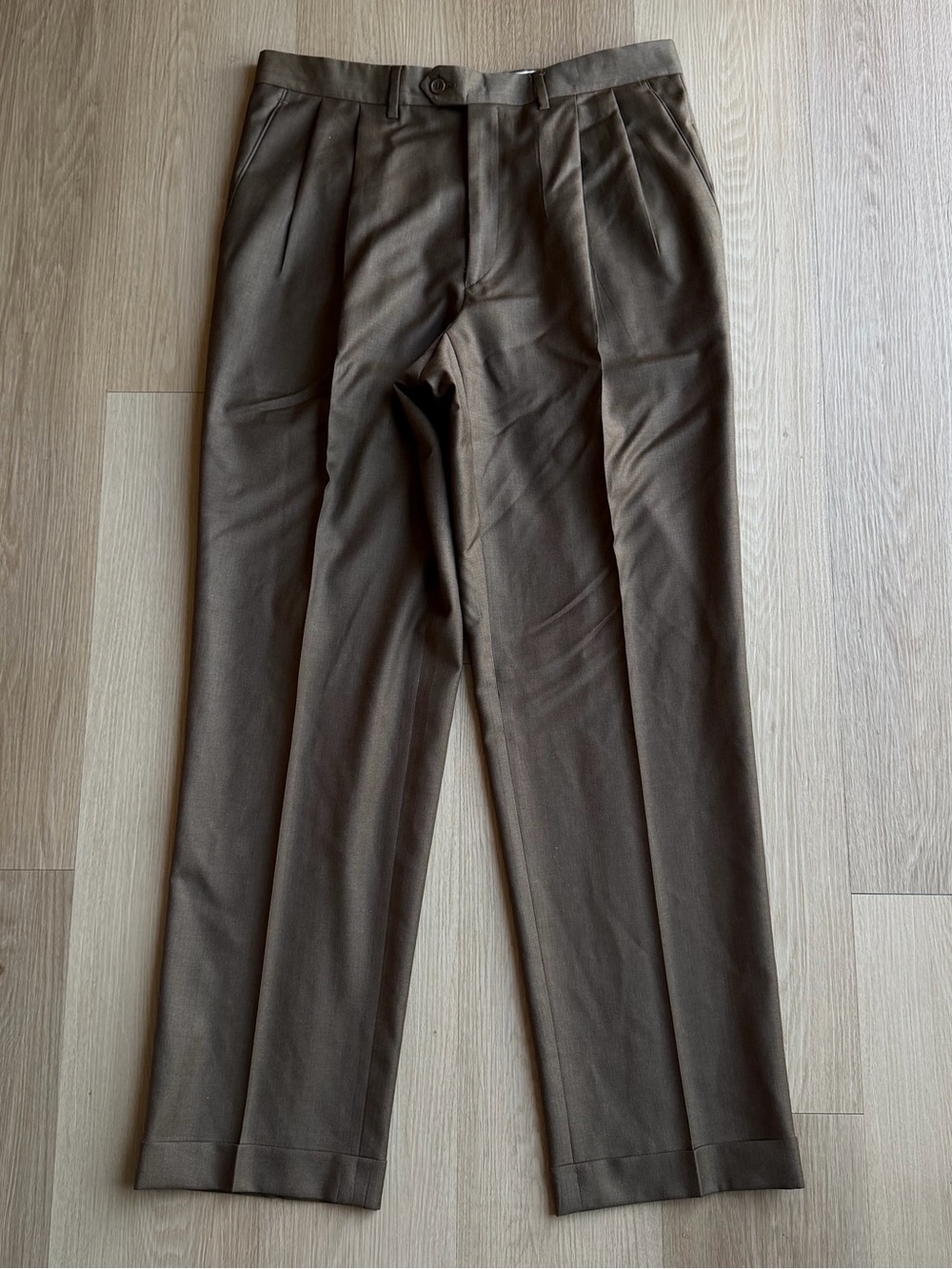 Santorelli Brown Wool Twill Pleated Dress Pants 34W Straight Leg Classic Fit